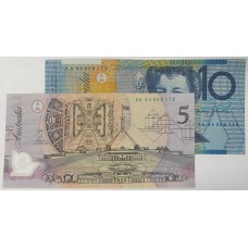 AUSTRALIA 1994 . FIVE 5 and TEN 10 DOLLAR BANKNOTES . LOW SERIAL MATCHING NUMBERS